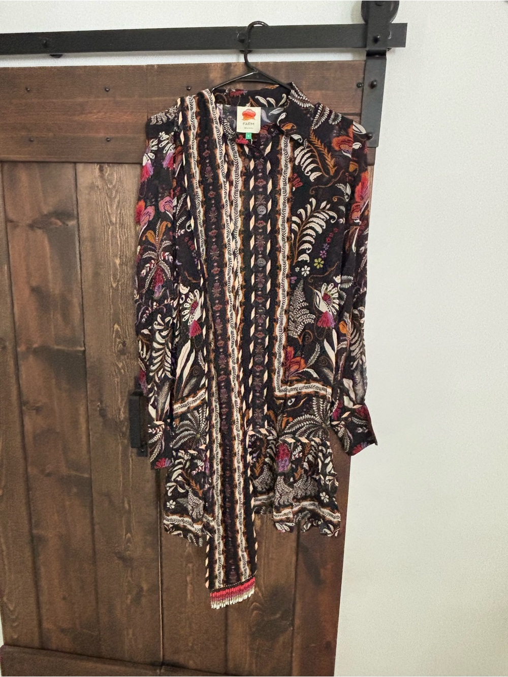 NWT.
Farm Rio Black Floral Print Long Sleeve Dress with Rust Accents